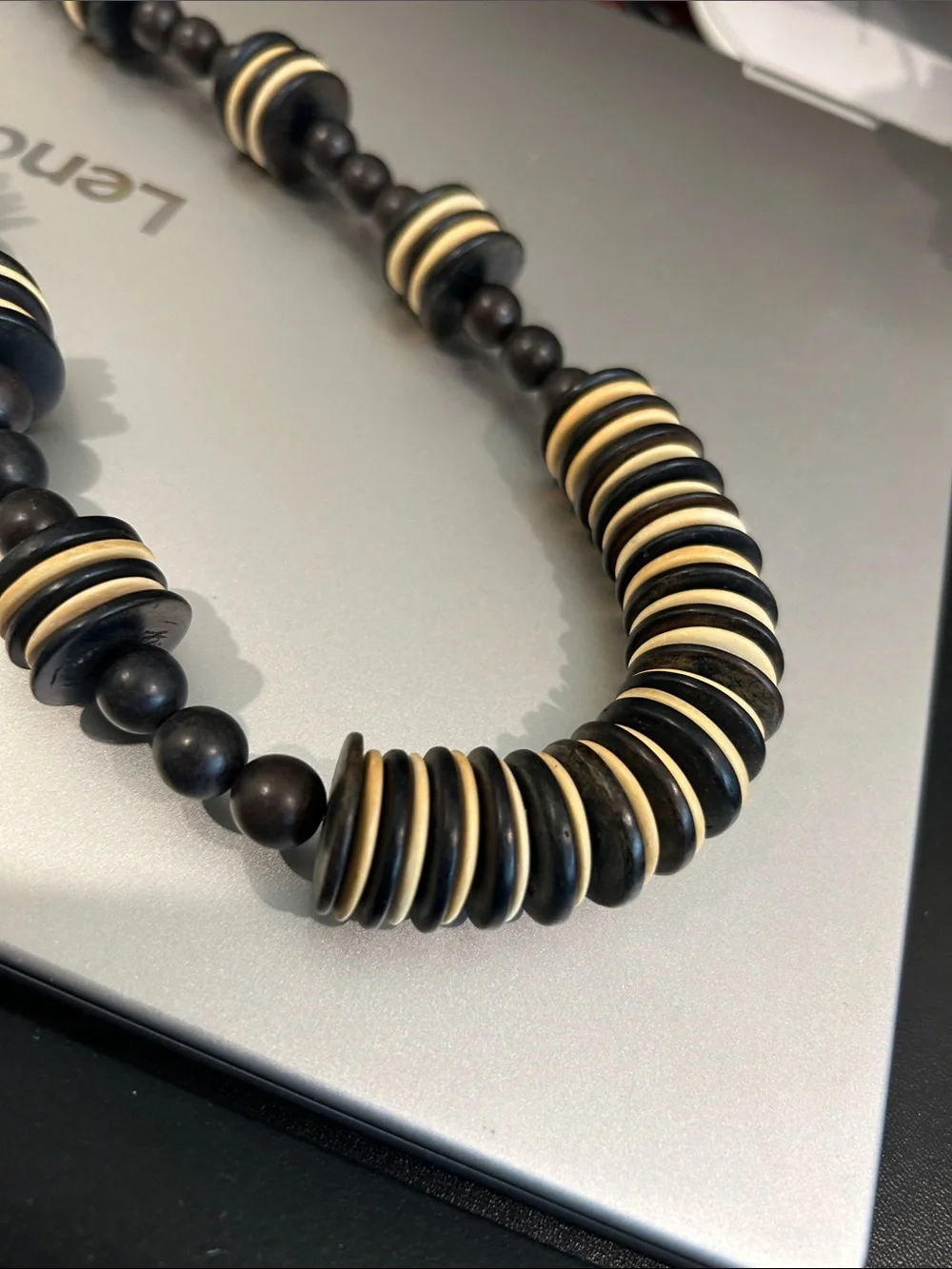 Beaded Men’s Necklace with Black and Cream Accents. 26 inches